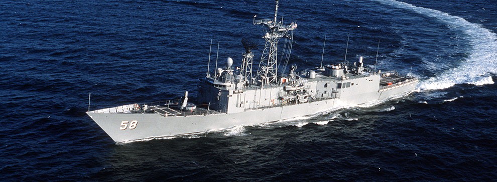 300-CFD-DN-ST-86-05316:    USS Samuel B. Roberts (FFG-58), an elevated port bow view of the guided missile frigate underway during sea trials, January 1, 1986. U.S. Navy Photograph, now in the collections of the U.S. National Archives.