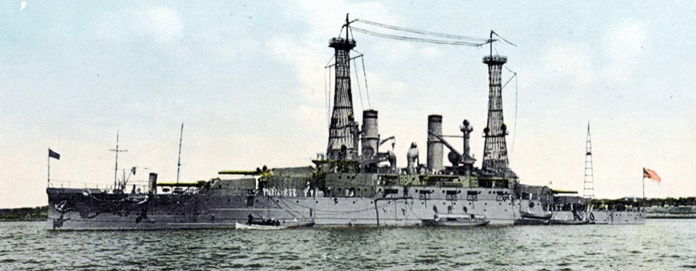 NH 108804:  USS South Carolina (Battleship #26), port view, hand-tinted post card.   NHHC Photograph collection