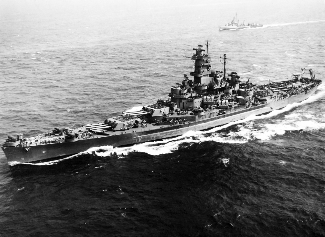 80-G-80002:   USS South Dakota (BB-57), August 9, 1943.   Aerial port side view taken at an altitude of 200’.   From by a Naval Air Station, Weeksville, North Carolina aircraft.   Official U.S. Navy Photograph, now in the collections of the National Archives.  (2018/03/14).  