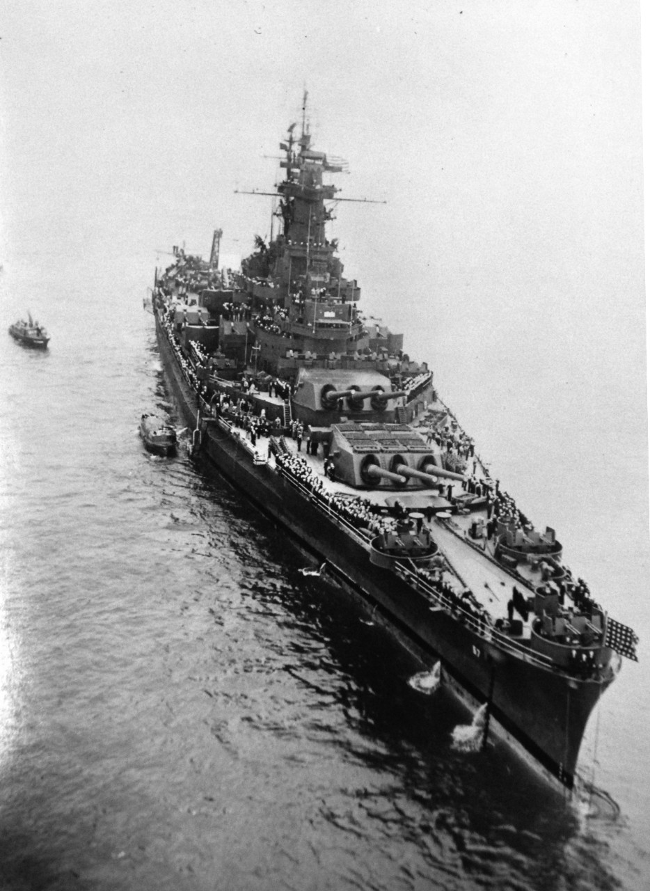 LC-Lot-10625-4:  USS South Dakota (BB-57), October 27, 1945.   Navy Day.  Flagship of the Third Fleet, was the first of the fleet to come home.  She is shown at anchor inside San Francisco Bay, California.     Donated by Mr. Thomas J. Watson from an recording America’s tribute to its victorious fleet in first peacetime Navy Day since the start of World War Two. Courtesy of the Library of Congress.  (2015/07/17) 