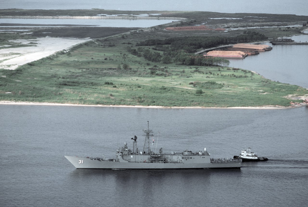 330-CFD-DN-ST-89-01368:  USS Stark (FFG-31), 1989.   A port view of the guided missile frigate underway during sea trials.  Stark was damaged when it was struck by two Iraqi-launched Exocet missiles while on patrol in the Persian Gulf.   U.S. Navy Photograph, now in the collections of the U.S. National Archives.