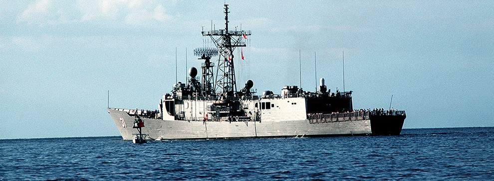 330-CFD-DN-ST-88-10218:  USS Stark (FFG-31).  A port quarter view of the guided missile frigate underway during sea trials after being repaired at Ingalls Shipbuilding, August 28, 1988.  The Stark was damaged when struck by two Iraqi-launched Exocet missiles while on patrol in the Persian Gulf.   U.S. Navy Photograph, now in the collections of the U.S. National Archives. 