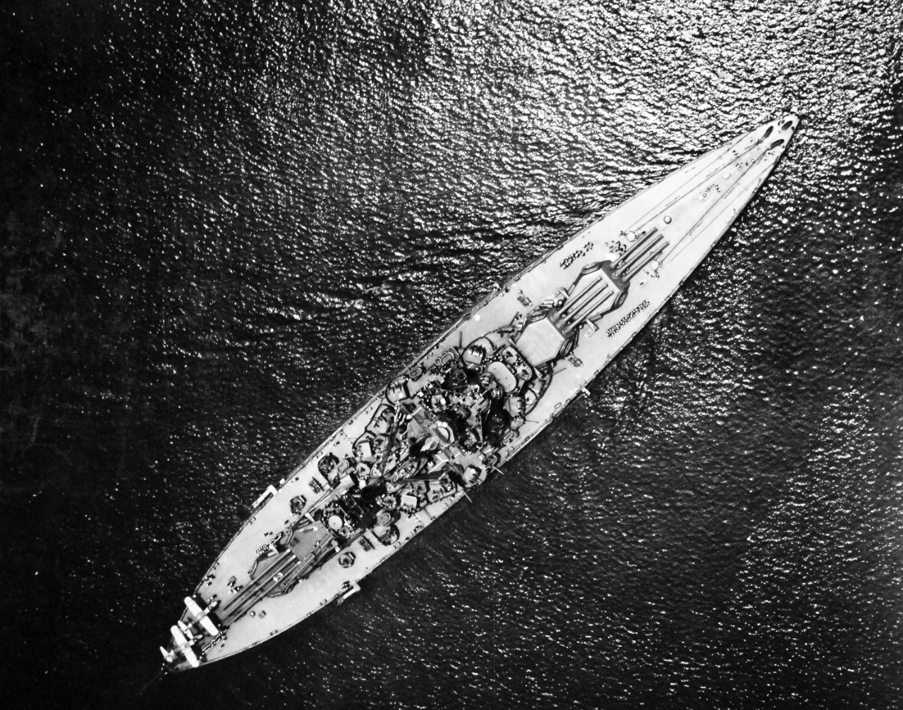 80-G-13014: USS Tennessee (BB-43), pre-WWII.   Direct overhead view, while entering San Pedro Harbor.  Photograph received June 1942.  Official U.S. Navy Photograph, now in the collections of the National Archives.    (2015/9/29).