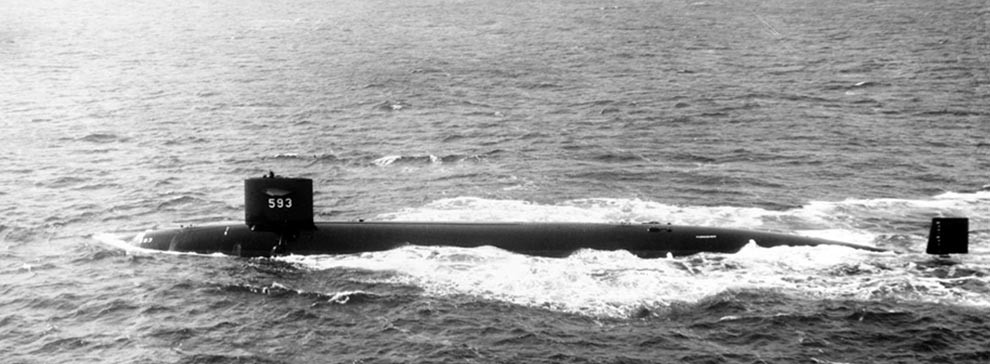 NH 97549:  USS Thresher (SSN-593), port broadside view while underway, April 30, 1961.   Photographed by J.L. Snell.   NHHC Photograph Collection