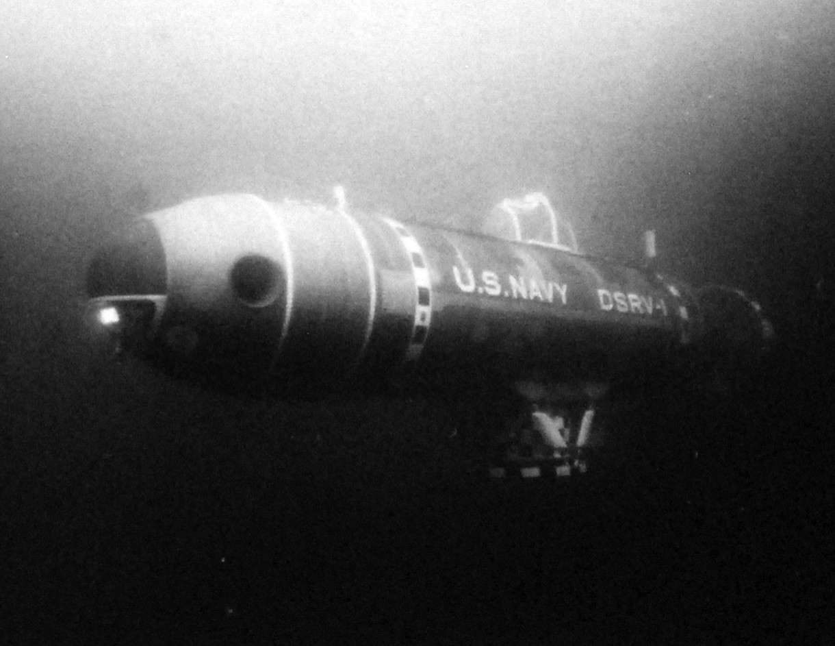 428-GX-USN 1147120:  Mystic (DSRV-1), 1970.   The U.S. Navy Deep Submergence Rescue Vehicle Mystic (DSRV-1) makes a test dive off San Diego, California.  Photograph released February 1971.  U.S. Navy photograph, now in the collections of the National Archives.  (2016/02/23). Original is from reference card only.    
