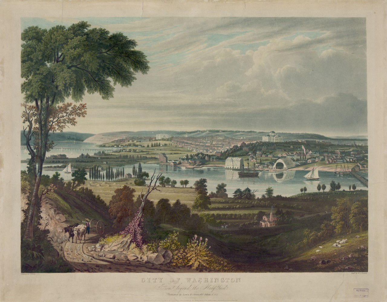 Washington, D.C., circa 1833.    LC-DIG-PGA-00192:  City of Washington from beyond the Navy Yard, probably from 1833.   Painting by G. Cooke, engraving by W.J. Bennett.   Courtesy, Library of Congress.   