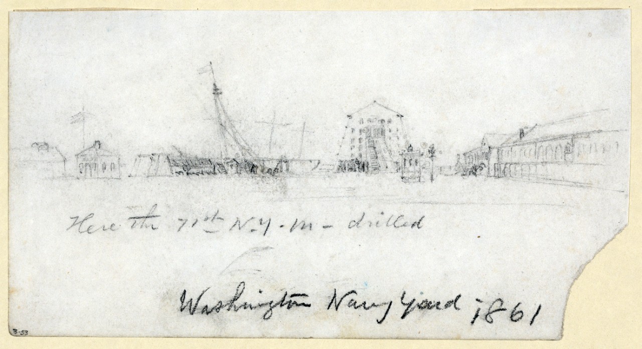 LC-DIG-ppmsca-20186:   Washington Navy Yard, 1861.  Drawing by Alfred R. Waud.  Courtesy of the Library of Congress.  