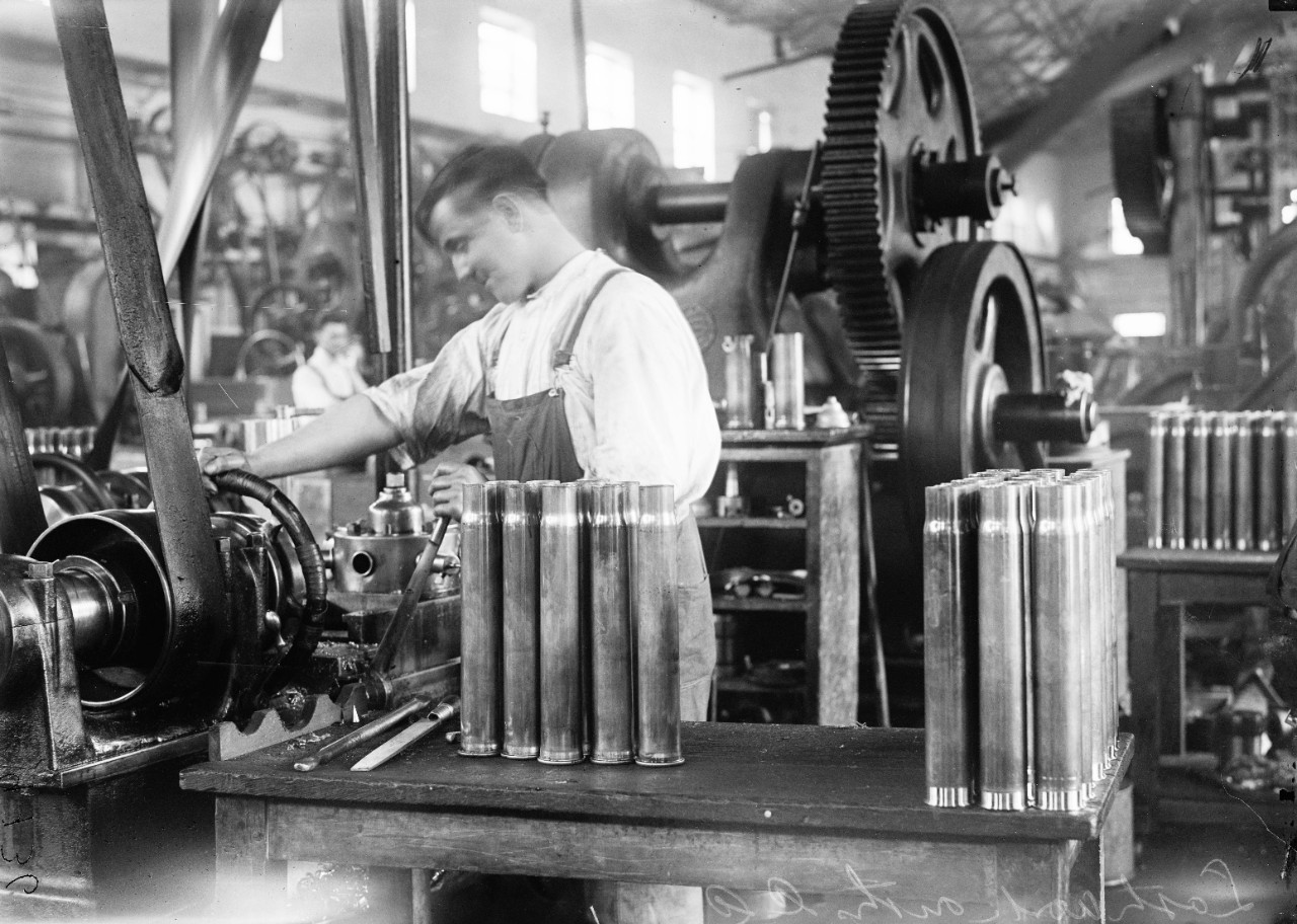 LC-DIG-HEC-10059:  U.S. Naval Gun Factory, Washington Navy Yard, 1917.  Various operations in making cartridge cases.   Photographed by Harris & Ewing, 1917.  Courtesy of the Library of Congress. 