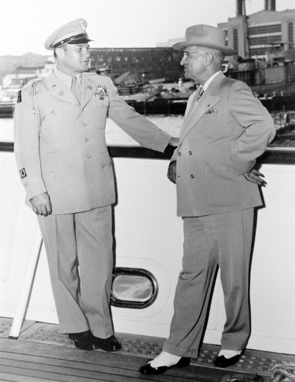 PR-CN-1972-185-Box-1-10:  President Harry S. Truman, Washington Navy Yard, 1948.   President Harry S. Truman and General Gordon Graham onboard Presidential yacht USS Williamsburg (AGC-369) at the Washington Navy Yard, August 29, 1948.   Fleet Admiral William D. Leahy Collection.  Courtesy of the Library of Congress.   