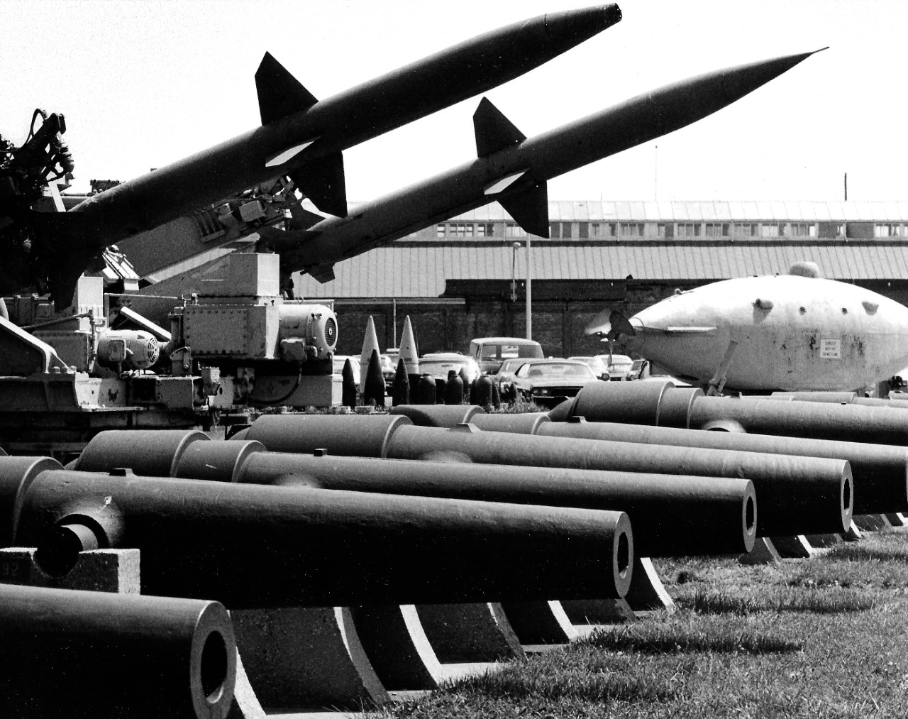 NMUSN-154:  Willard Park, Washington Navy Yard, Washington, D.C. 1970s.  Smooth-bore cannons forefront; Terrier Missiles in the back, with the submersible Intelligent Whale to the right.   National Museum of the U.S. Navy Photograph Collection.  