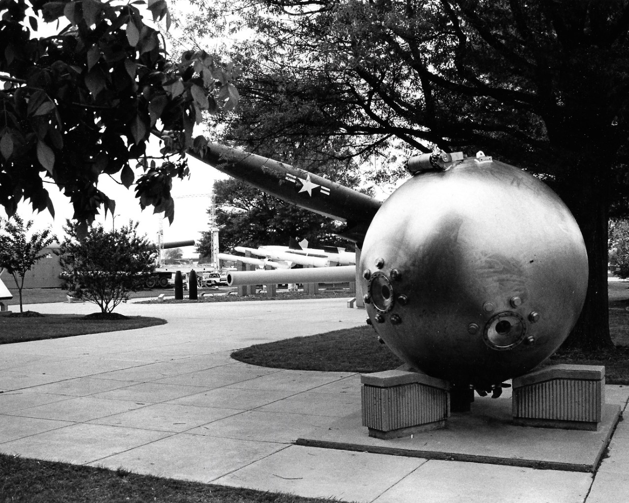 NMUSN-156:  Willard Park, Washington Navy Yard, Washington, D.C. 1970s.   View looking south.   Alvin sphere is in the front center right, with the Regulus II missile behind.   National Museum of the U.S. Navy Photograph Collection.  