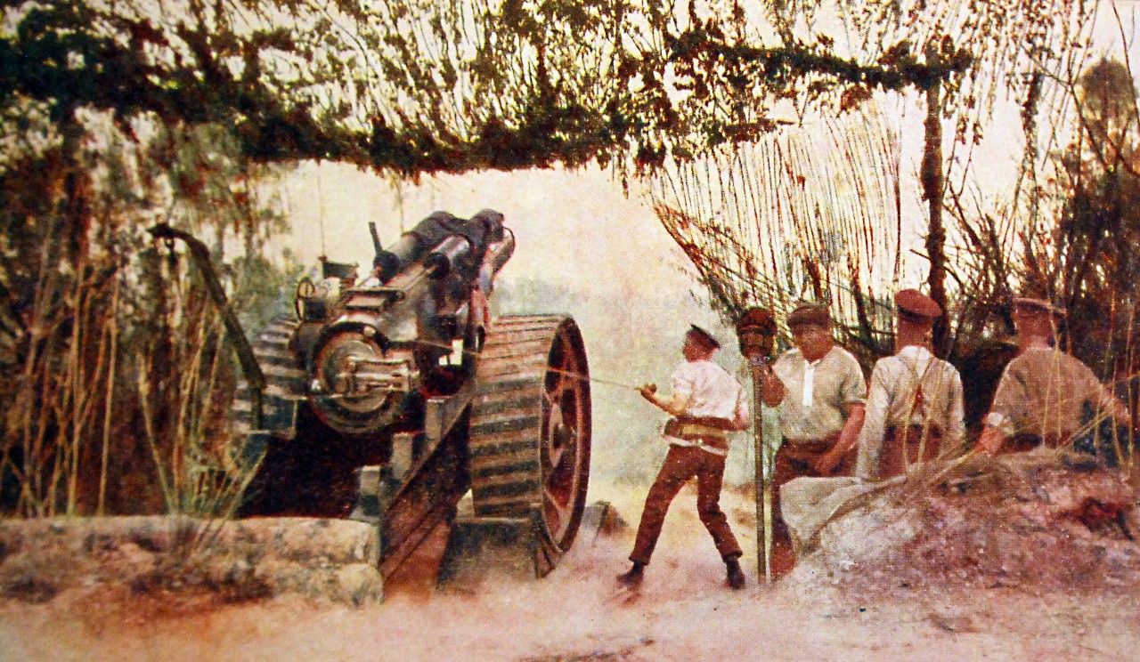 <p>LC-Lot-9212-16: WWI: Allied Personnel: British. Hand-tinted postcard that reads, “Firing a Heavy Howitzer in France”. Courtesy of the Library of Congress. (2016/11/04).</p>
