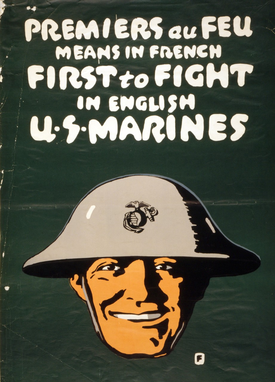 <p>LC-USZC4-10025: WWI-Recruiting Poster: Marines. “Premiers au feu” In French means First to Fight / U.S. Marines.” Artwork by Charles B. Falls, 1917.</p>
