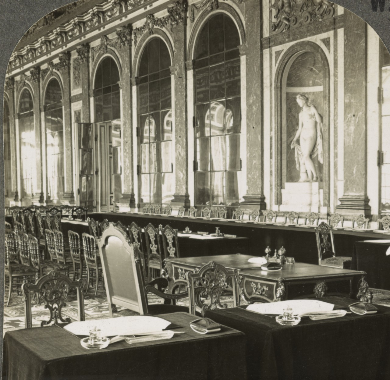 <p>LC-DIG-stereo-1s04278: Galerie des Glaces, showing table where peace treaty was signed, Versailles, France on June 28, 1919</p>