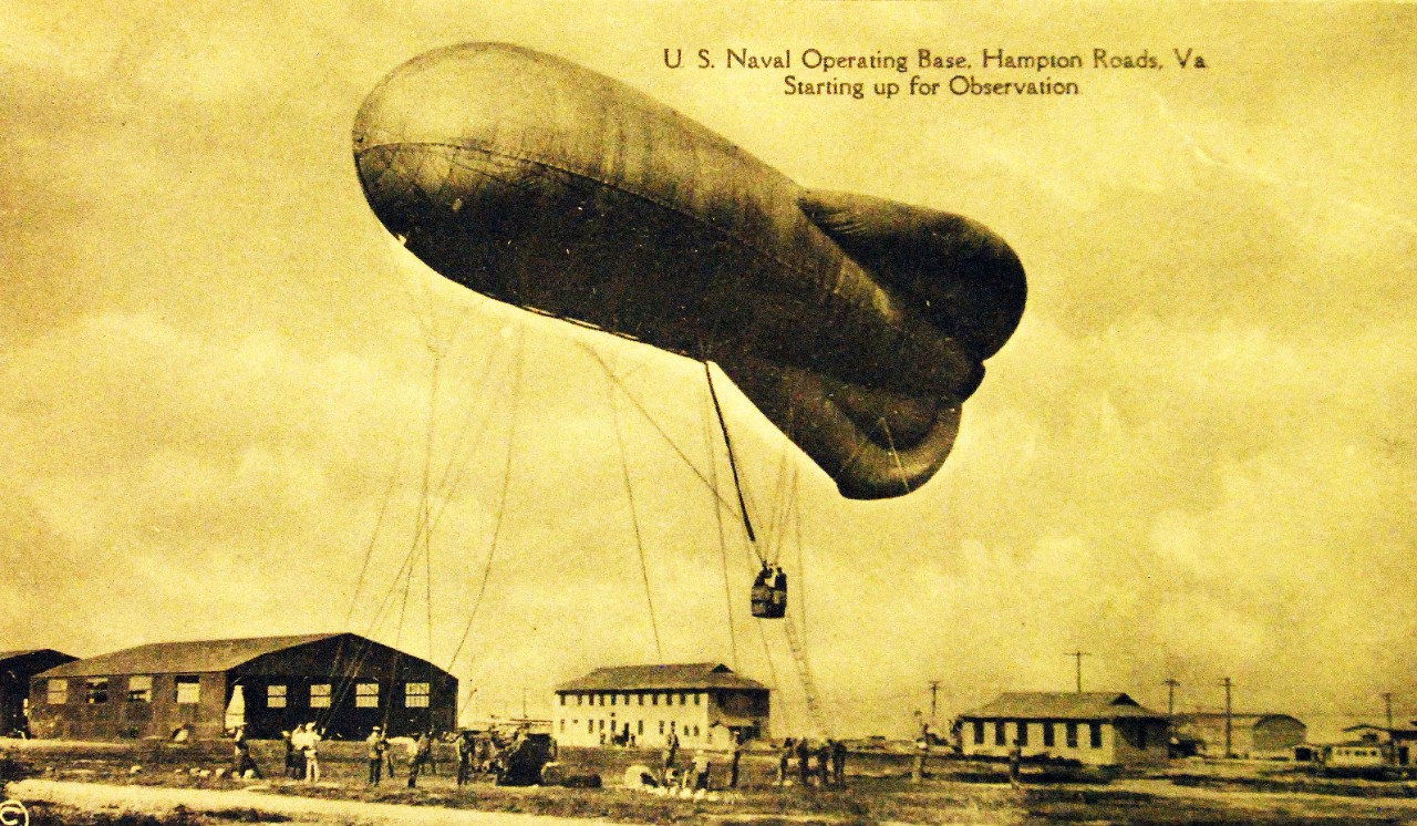<p>Lot 6990-2: Kite Balloon starting up for observation at U.S. Naval Operating Base, Hampton Roads, Virginia, possibly WWI.&nbsp;</p>
