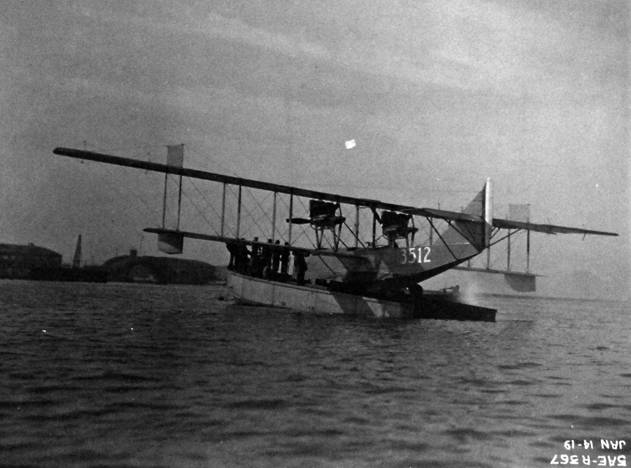 80-G-1012:     H-16 (Bu# 3512) on seaplane lighter, January 14, 1919.     Official U.S. Navy Photograph, now in the collections of the National Archives .   (2014/05/29).