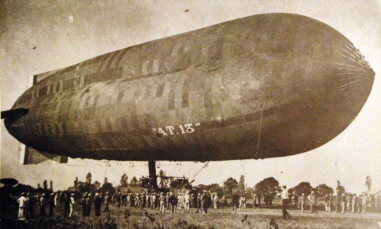 80-HAG-5K-2: French lighter-than-air airship, Astra-Torres AT-1, operated by the U.S. Navy at Paimboeuf, France, circa WWI. AT-13 was brought to U.S. Naval Air Station, Hampton Roads, Virginia, but was stricken October 1920.