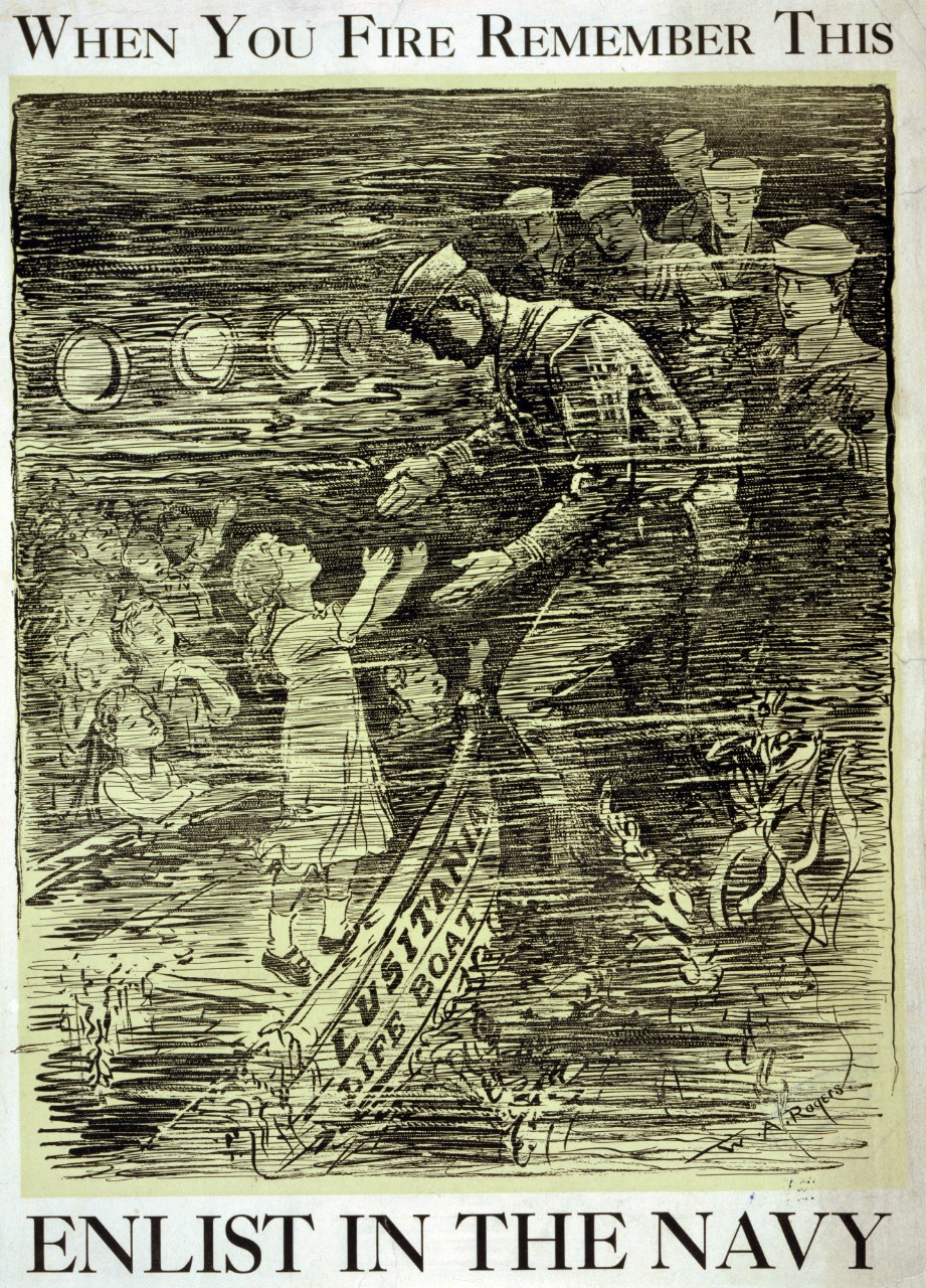 <p>LC-USZC4-9840:&nbsp; &nbsp;WWI Recruiting Poster -- Poster showing a sailor reaching out to a young girl in a lifeboat labeled &quot;Lusitania.&quot;&nbsp; &nbsp;Courtesy of the Library of Congress.&nbsp; &nbsp;</p>
