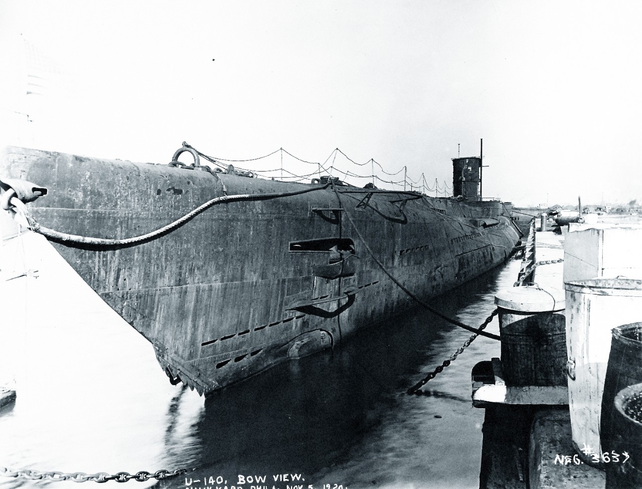 <p>19-N-3637: German submarine, U-140, bow view, Philadelphia Navy Yard, Philadelphia, Pennsylvania, November 5, 1920. U-140 was sunk in the summer 1921 in aerial bombardment tests.&nbsp;</p>
