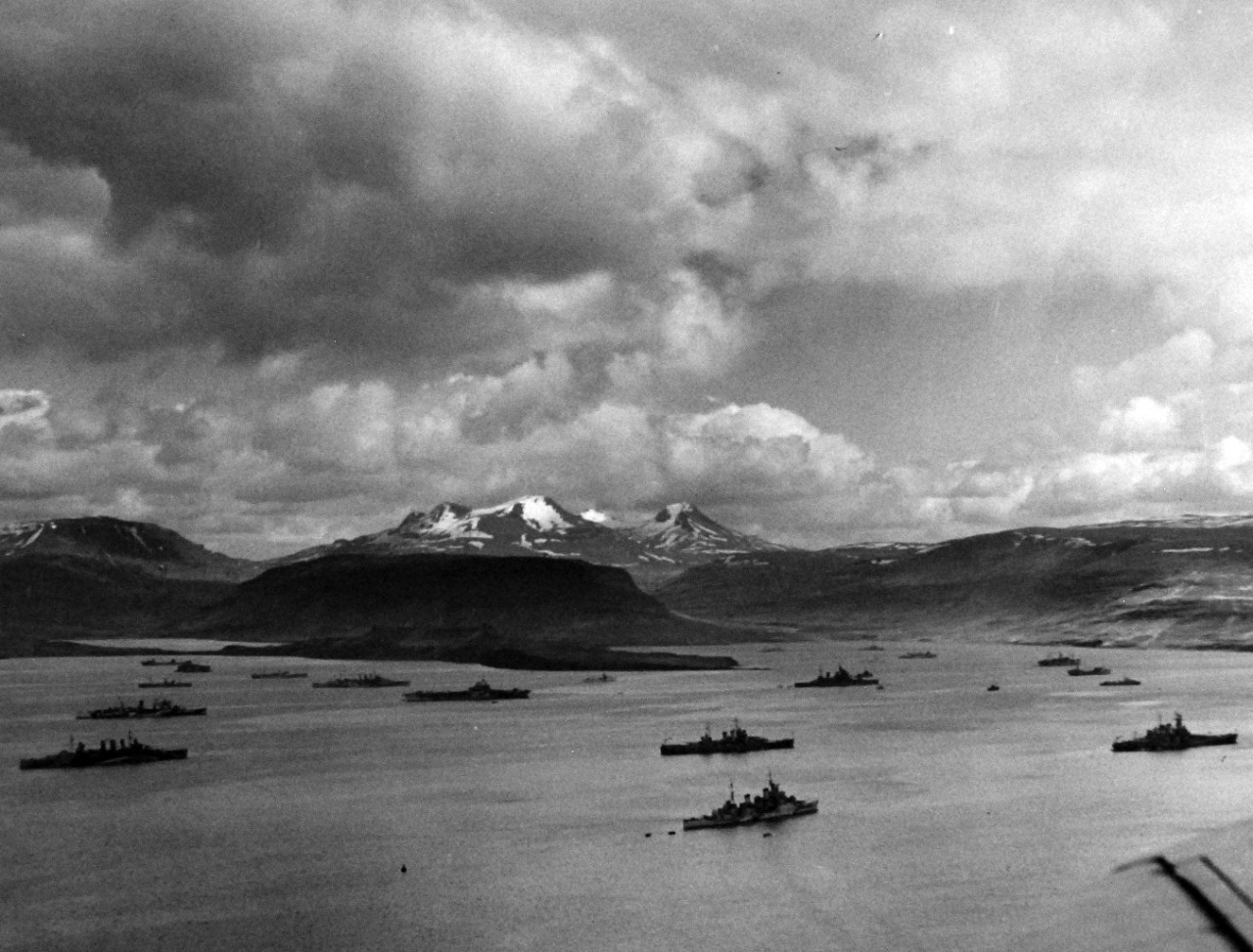 <p>80-G-24831: PQ-17 Arctic Convoy, June-July 1942. The covering forces of the PQ-17 Convoy (British and American ships) at anchor in the harbor at Hvalfjord, Iceland.&nbsp;</p>
