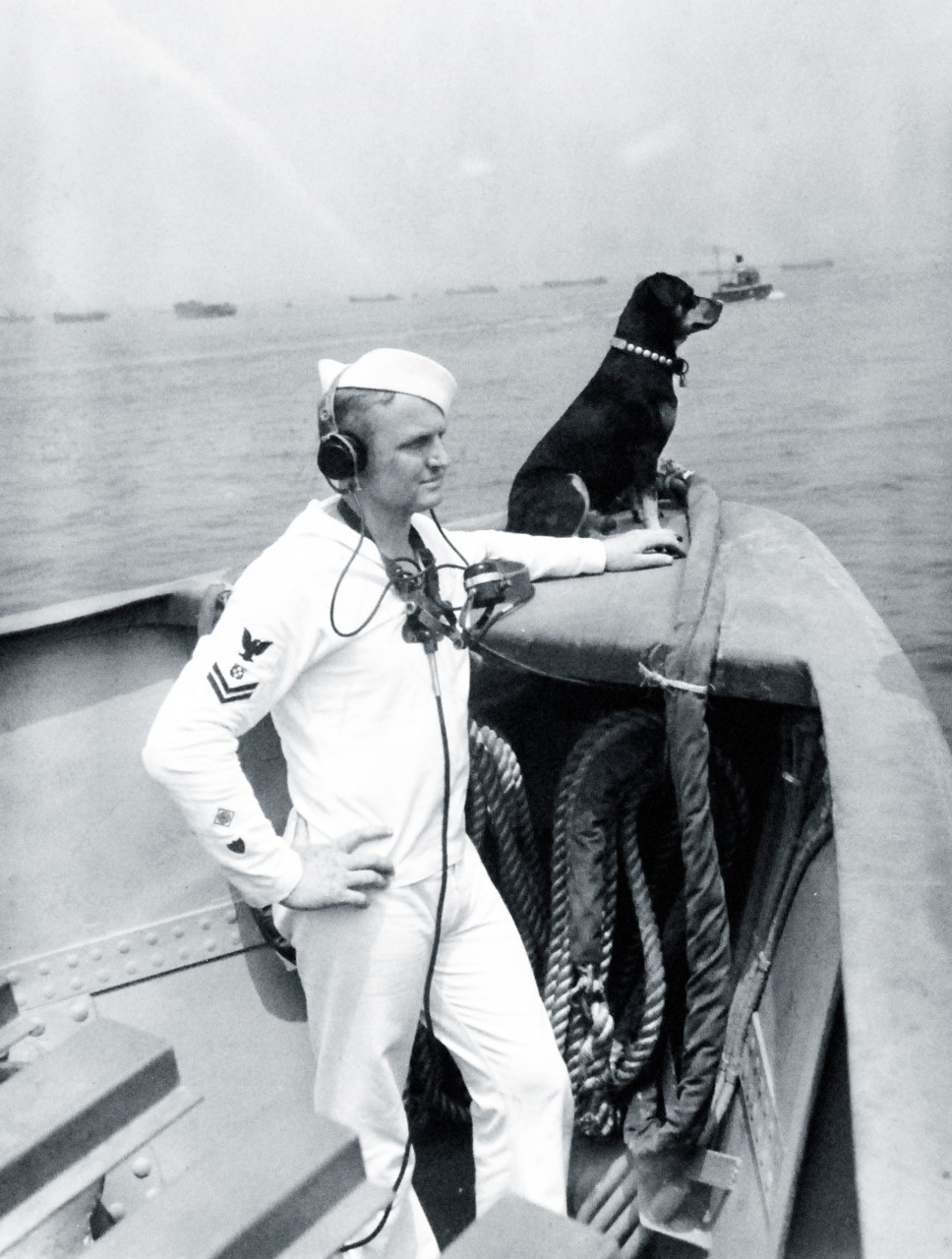 26-G-1979:    Atlantic Convoy.   Sinbad, sentry dog for the US Coast Guard cutter, USCGC Campbell (WPG-32), and a crewman keep their eyes on the rest of the convoy, probably circa 1943.   Sinbad was the Coast Guard Dog of the Year for 1943.   Note, Campbell was commissioned in 1936 and was not decommissioned until 1982.   She was later sunk by the US Navy in target practice two years later.   Campbell has the nickname “Queen of the Seas”.  US Coast Guard photograph, now in the collections of the National Archives.  (Taken at NARA II on 30 January 2014).