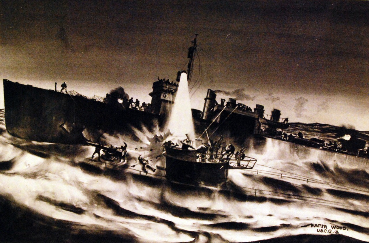 <p>80-G-43655: Sinking of German U-boat, U-405. Artwork by Warrant Boatswain Hunter Wood of USS Borie (DD 215) ramming an enemy submarine then sinking German submarine U 405 on November 1, 1943. The artwork was based on official reports and eyewitness accounts. Photograph released November 11, 1943.&nbsp;</p>
