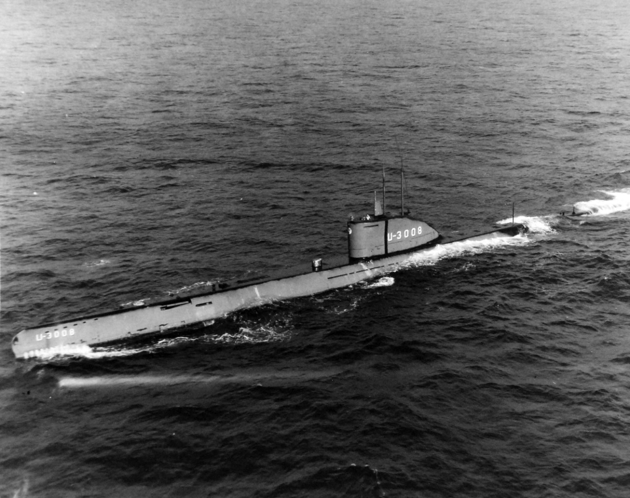 <p>80-G-442933: Surrender of German U-boats, 1945. German submarine, U-3008, at sea. She was renamed USS U-3008 in August 1945. Photographed by aircraft from Naval Air Station, Key West, Florida, April 15, 1948. She was scuttled in 1954 but was raised a year later and sold for scrap. Official U.S. Navy Photograph, now in the collections of the National Archives. (2015/07/08).</p>
