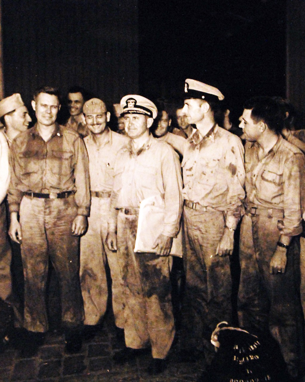 80-G-266504:  Survivors of USS Block Island (CVE 21), Casablanca, Morocco. Shown:  Captain Hughes and other officers.   Photographed by L.F. Cirzan (USS Bogue (CVE 9), June 1, 1944.  U.S. Navy Photograph, now in the collections of the National Archives.   (2016/07/12).