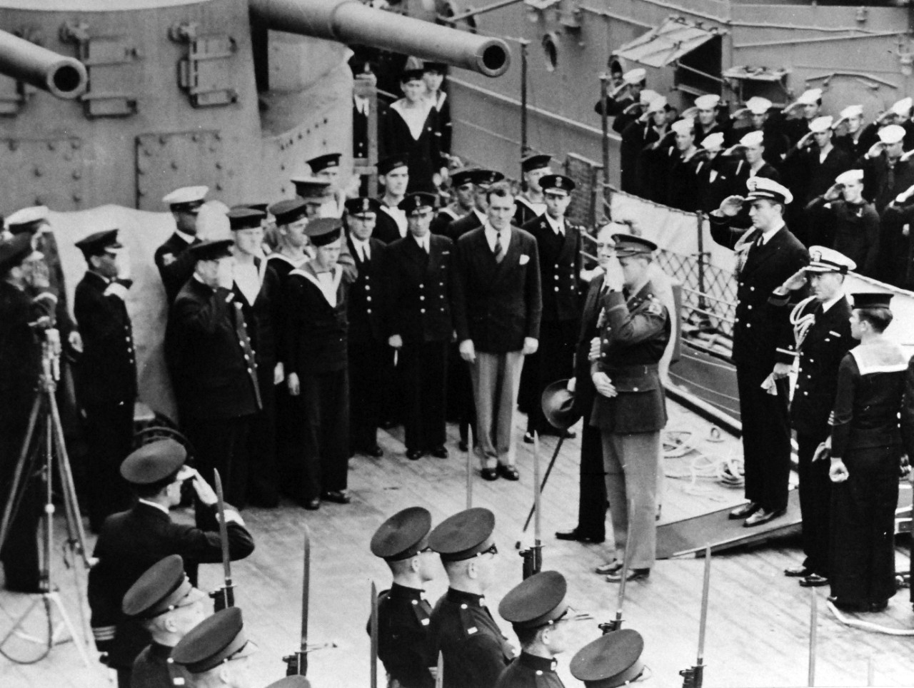 80-G-26862: Atlantic Charter, August 1941.  President Franklin D. Roosevelt and staff coming aboard HMS Prince of Wales from USS Augusta (CA-31) during the Atlantic Charter meeting.    Photograph released August 1941.   Official U.S. Navy Photograph, now in the collections of the National Archives.  (2016/03/22).
