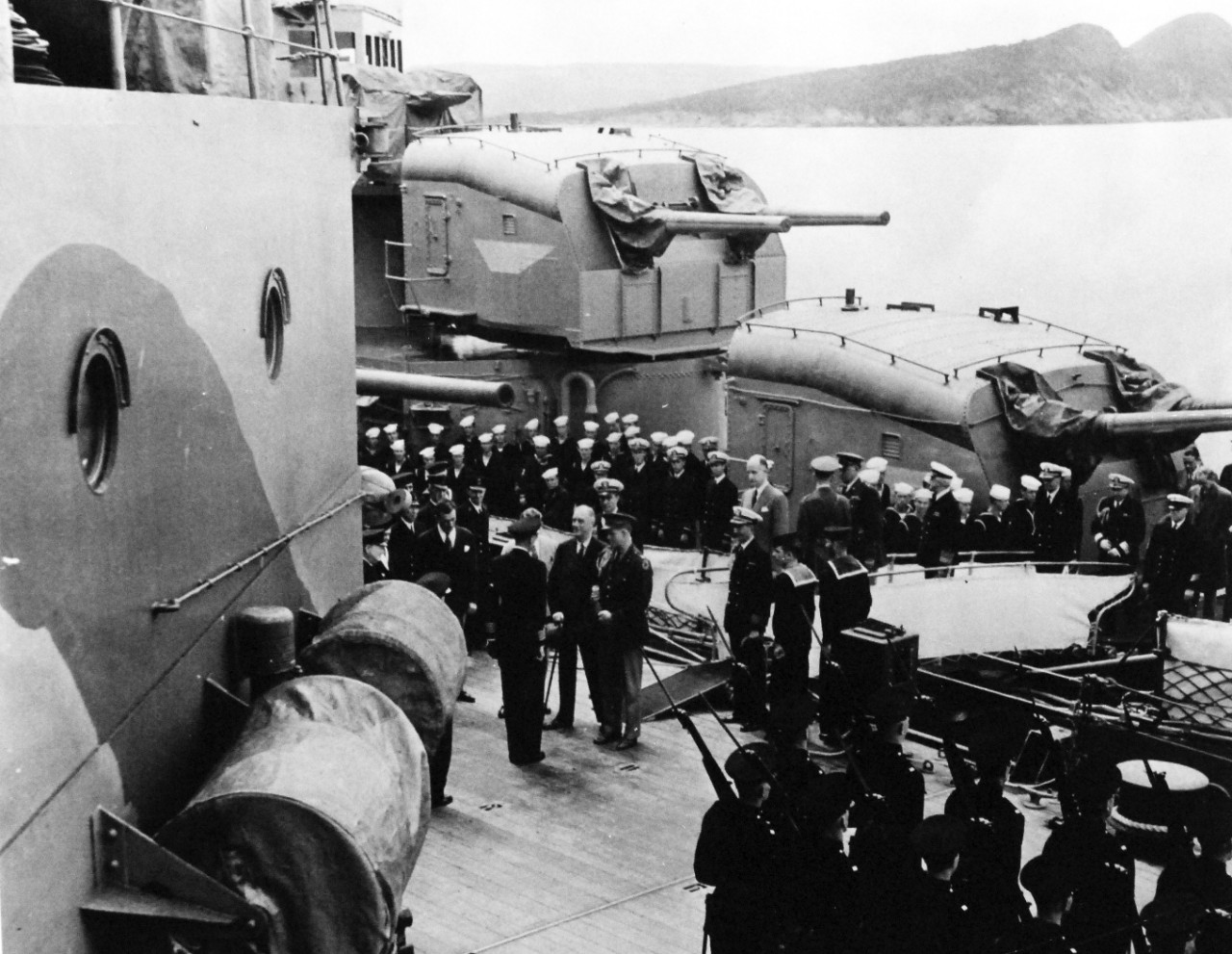 80-G-26883: Atlantic Charter, August 1941.  President Franklin D. Roosevelt and staff coming onboard HMS Prince of Wales from USS Augusta (CA-31) during the Atlantic Charter meeting.  Photograph released August 1941.   Official U.S. Navy Photograph, now in the collections of the National Archives.  (2016/03/22).