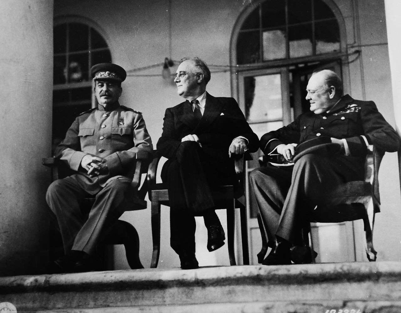 Lot 11597-1:  Tehran Conference, November-December 1943.   The strategy meeting of Premier Joseph Stalin, President Franklin D. Roosevelt, and Prime Minister Winston Churchill at the Russian Embassy at Tehran, Iran.  This conference was the first of “Big Three” leaders (Soviet Union, United States and United Kingdom).   U.S. Army photograph, SC 183226, from the Office of War Information Collection. Courtesy of the Library of Congress.     (2016/01/15).