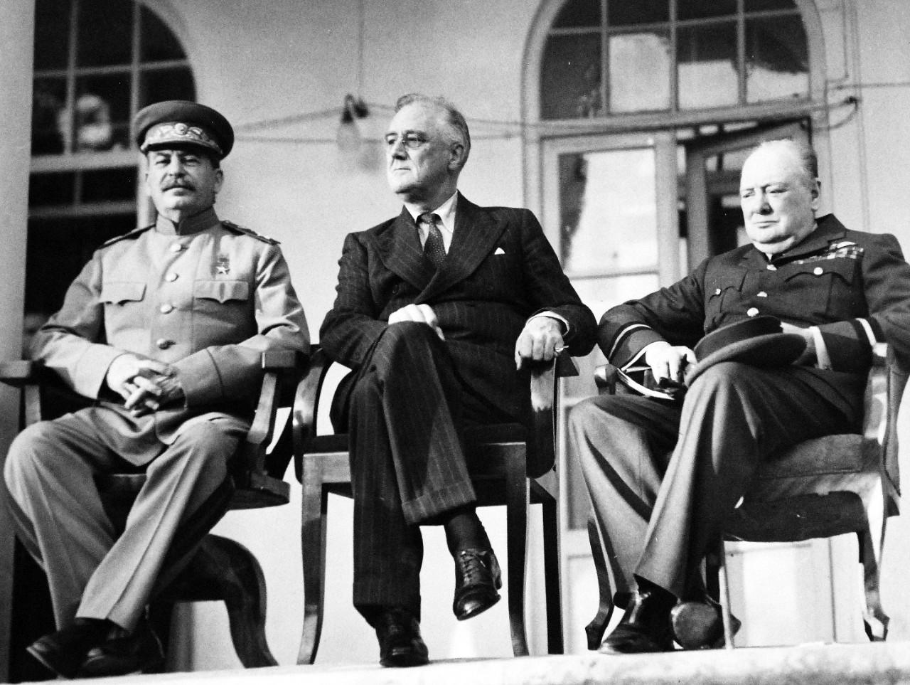 Lot 11597-3:  Tehran Conference, November-December 1943.   The strategy meeting of Premier Joseph Stalin, President Franklin D. Roosevelt, and Prime Minister Winston Churchill at the Russian Embassy at Tehran, Iran.  This conference was the first of “Big Three” leaders (Soviet Union, United States and United Kingdom). U.S. Army photograph from the collection of the Office of War Information.  Courtesy of the Library of Congress.     (2016/01/15).