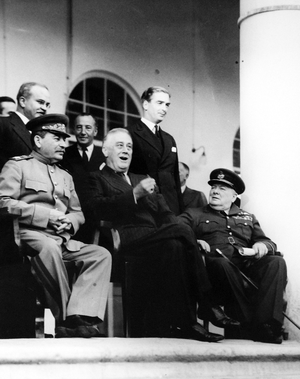 Lot 11597-5:  Tehran Conference, November-December 1943.   The strategy meeting of Premier Joseph Stalin, President Franklin D. Roosevelt, and Prime Minister Winston Churchill at the Russian Embassy at Tehran, Iran.  This conference was the first of “Big Three” leaders (Soviet Union, United States and United Kingdom). Note, V. M. Molotov, Peoples’ Commissar for Foreign Affairs, to Stalin’s behind right.  U.S. Army photograph from the collection of the Office of War Information.   Courtesy of the Library of Congress.   (2016/01/15).