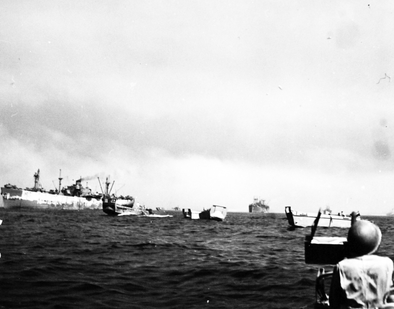 Operation Avalanche, September 1943.  Scene from LCI(L) during daylight air raid, showing small craft disbursing during the Allied invasion at Salerno, Italy.  Photograph released September 12, 1943.   U.S. Navy photograph, now in the collections of the National Archives.  (2017/04/04).