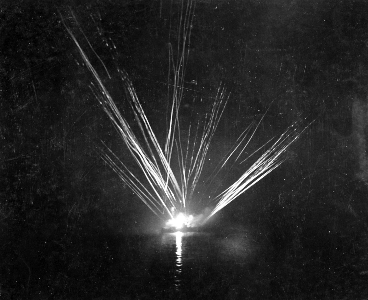 80-G-87328:  Operation Avalanche, September 1943.  Anti-aircraft fire from one of the protecting cruisers in the Gulf of Salerno, Italy.  Photograph released September 12, 1943.   U.S. Navy photograph, now in the collections of the National Archives.  (2017/04/04).