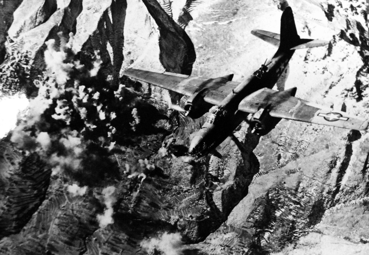 LC-Lot-5279-9:  Allied Air Raids in Europe, Battle of Monte Cassino, January-May 1944. U.S. Planes Hammer German Installations in Italy.  A twin-motored Douglas A-20 Havoc bomber of the 12 U.S. Army Air Force heads away from the target area after American planes blasted German installations in the mountains in Western Italy near Cassino.  Smoke puffs record bomb bursts.  U.S. Army Photograph.  Courtesy of the Library of Congress.   (2015/10/30). 
