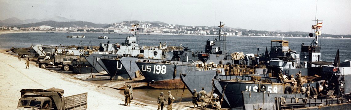 80-G-K-2112:   Invasion of Southern France, August 1944.   LCTs and LCMs landing supplies on the beach, west of St. Rafael.  Official U.S. Navy Photograph, now in the collection of the National Archives.    