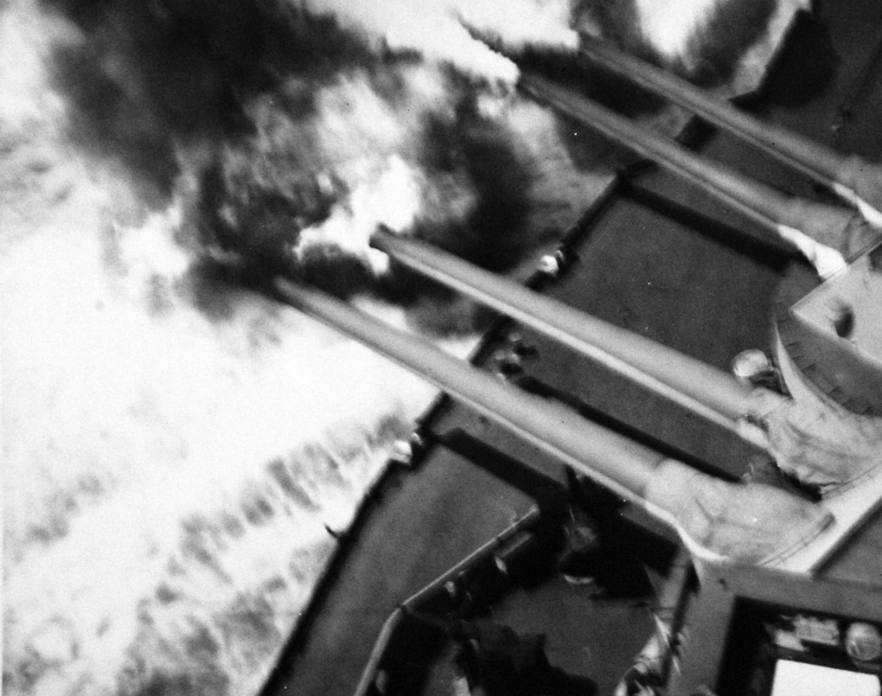80-G-244215:  Normandy Invasion, U.S. Navy Ships, June 1944.    USS Arkansas (BB-33) fires a broadside at the enemy at Normandy, France, during the invasion, June 6, 1944.  Official U.S. Navy photograph, now in the collections of the National Archives.  (2016/10/04).
