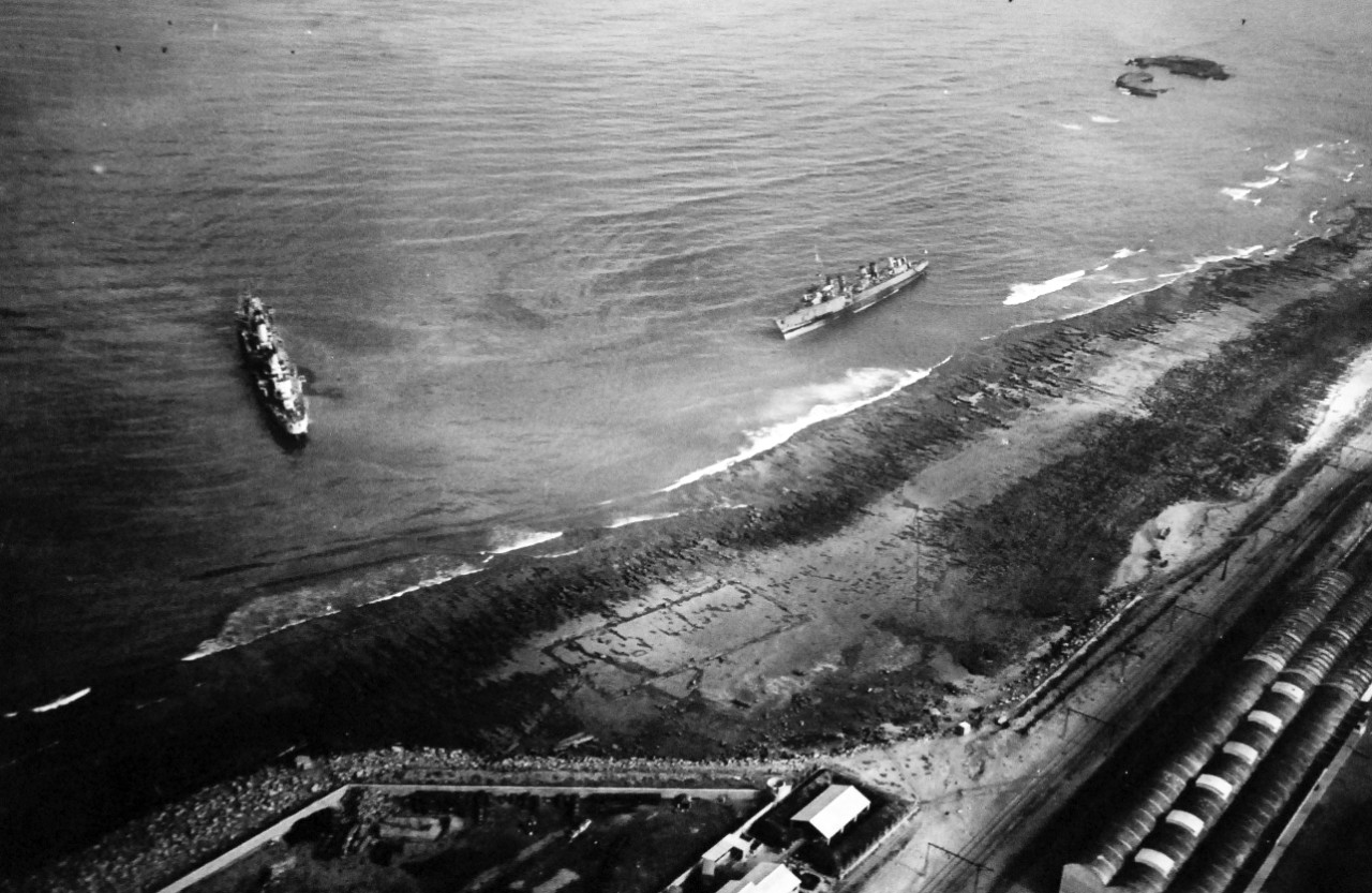 <p>80-G-37335: Naval Battle of Casablanca, November 8-16, 1942. Damaged and bombed French destroyers, Albatross and Milan put out of action north of Casablanca harbor following Allied invasion. Aerial photograph taken by aircraft from USS Ranger (CV 4), 11 November 1942.&nbsp;</p>
