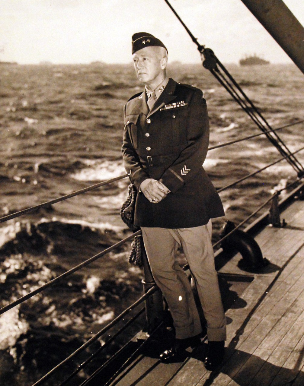 <p>80-G-30392: Operation Torch, November 1942. USS Augusta (CA 31). Major General George S. Patton Jr., USA, during the operation.&nbsp;</p>
