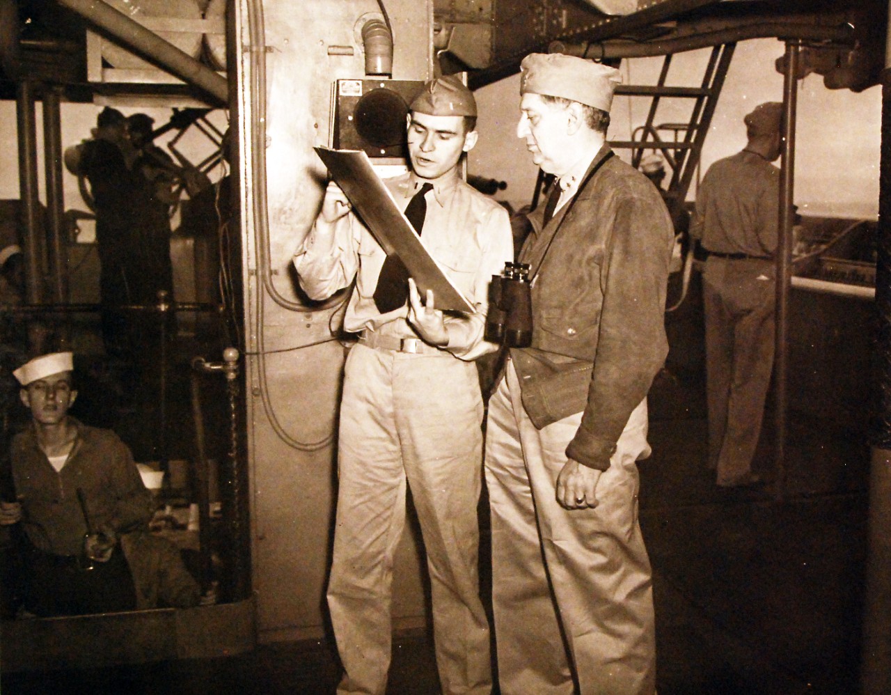 <p>80-G-30398: Operation Torch, November 1942. USS Augusta (CA 31). Rear Admiral H.K. Hewitt, USN, on the signal bridge.&nbsp;</p>
