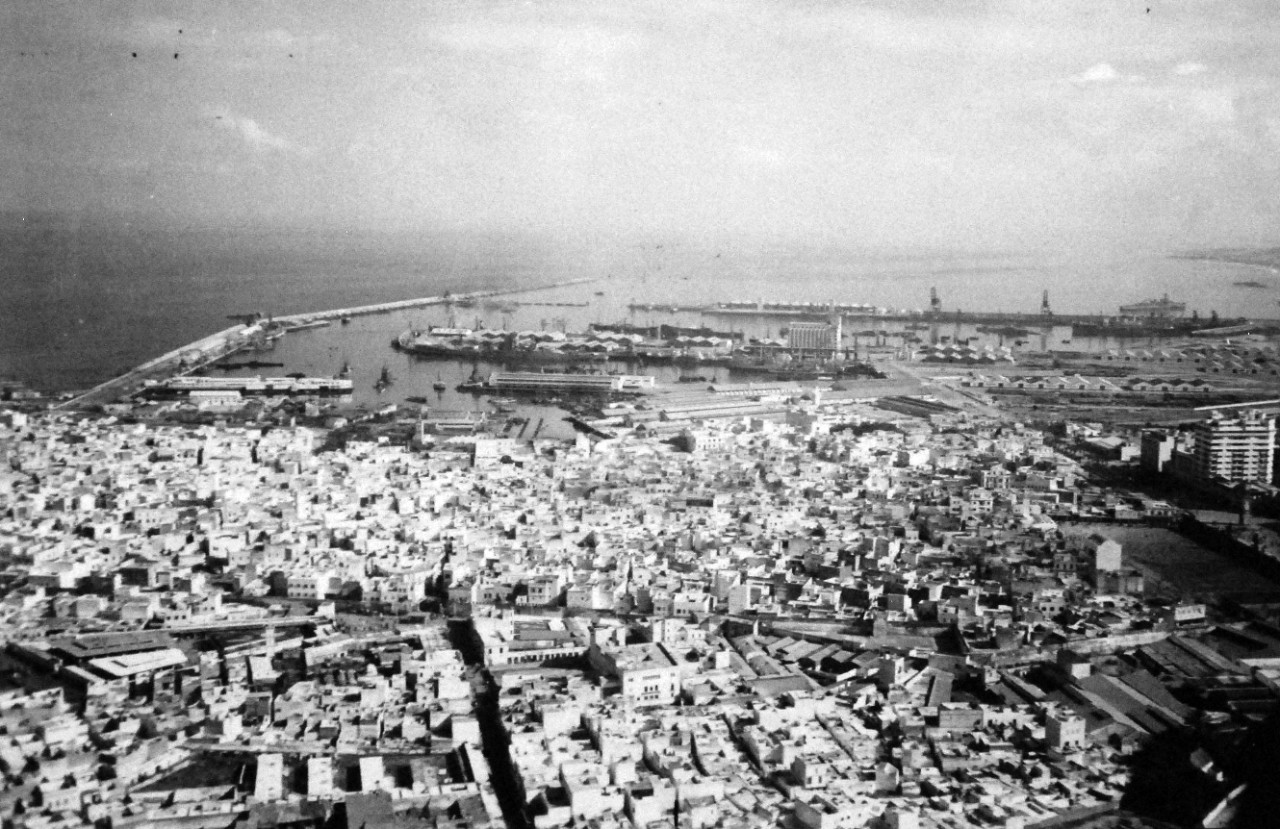 <p>80-G-37323: Operation Torch, Battle of Casablanca, Invasion of North Africa, November 1942. Aerial view of Casablanca, French Morocco. Aerial photograph taken by aircraft from USS Ranger (CV 4), 11 November 1942.&nbsp;</p>
