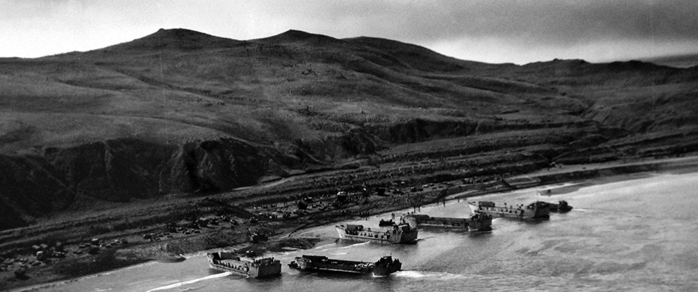 LC-Lot-803-9:  Allied Landing on Kiska Island, August 15, 1943. The barges are the familiar LCTs, LCMs, and LCVPs, land unopposed on the island.  U.S. Navy photograph, released August 23, 1943.  Photographed through Mylar sleeve.  Courtesy of the Library of Congress.   (2015/11/06).