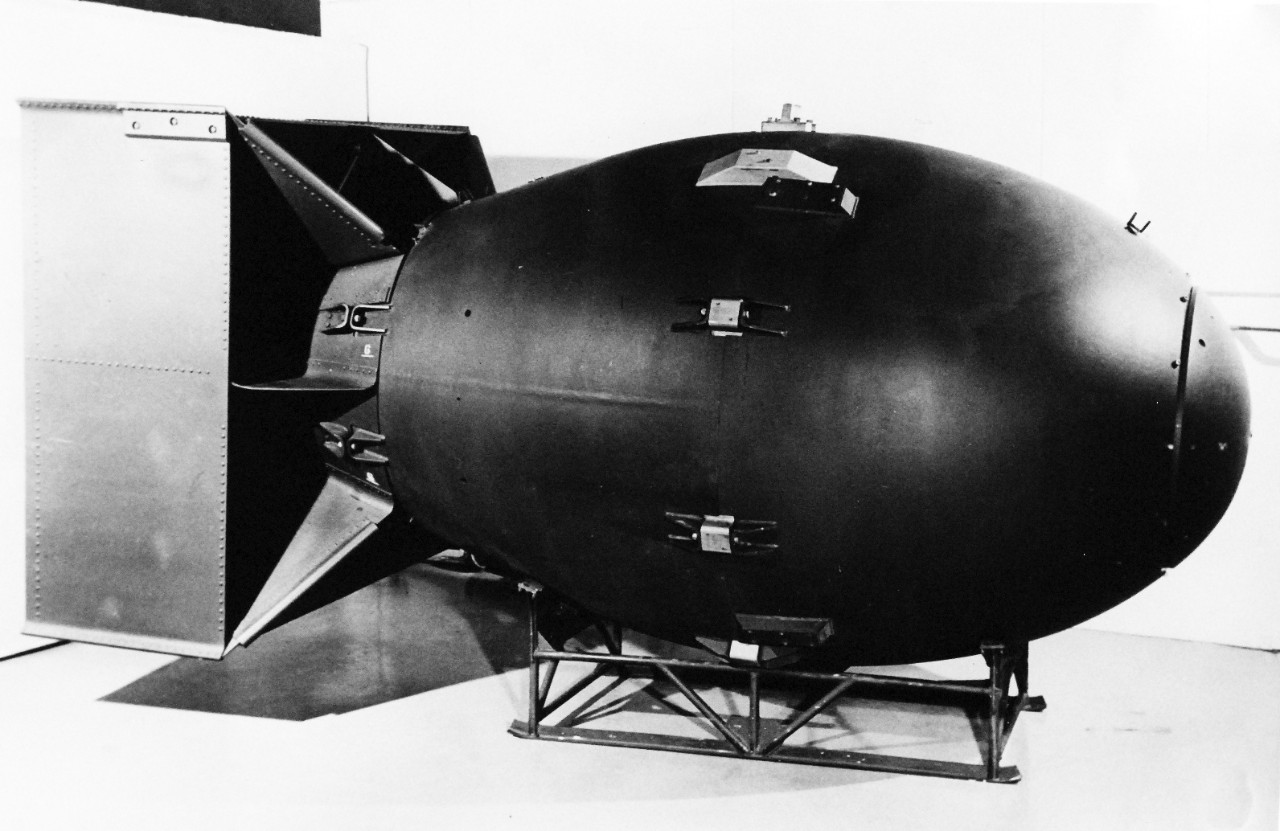 330-PSA-399-60 (164708AC):   Atomic Bomb, Fat Man.    Nuclear weapon “Fat Man” type, the kind that detonated over Nagasaki, Japan, on August 9, 1945.  The bomb is 60 inches in diameter and 128 inches long.  The second nuclear weapon to be detonated, it weighed about 10,000 pounds and had a yield equivalent to approximately 20,000 tons of high explosives.   Photograph courtesy of Los Alamos Scientific Laboratory.   Photograph released December 1960.    Official Department of Defense photograph, now in the collections of the National Archives.   (2015/9/15).