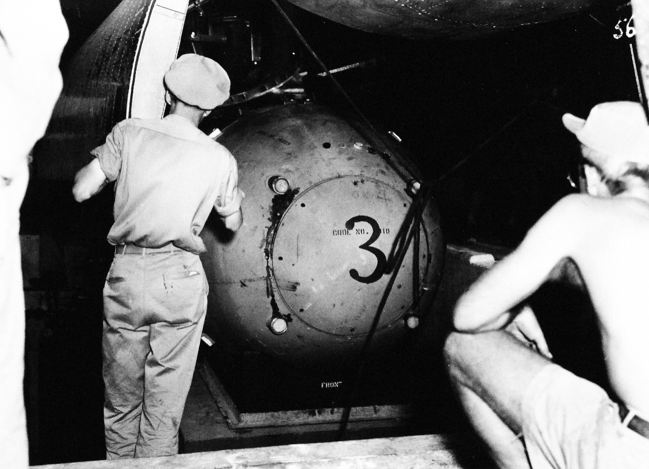 77-BT-56:   Tinian Island, August 1945.    Atomic Bomb, Fat Man, being transported.   Official photograph of the Office of Chief of Engineers, now in the collection of the National Achives.   (2015/08/25). 