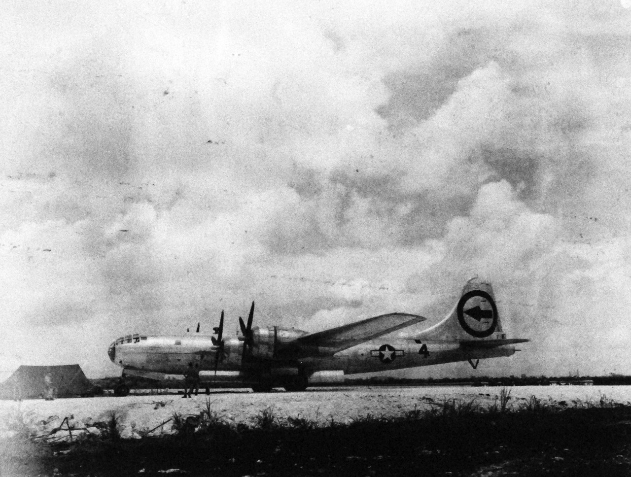 77-BT-67:   Tinian Island, August 1945.   Boeing B-29 Superfortress plane, Bockscar, which dropped “Fat Man” over Nagasaki on August 9, 1945.  Official photograph of the Office of Chief of Engineers, now in the collection of the National Achives.   (2015/08/25). 