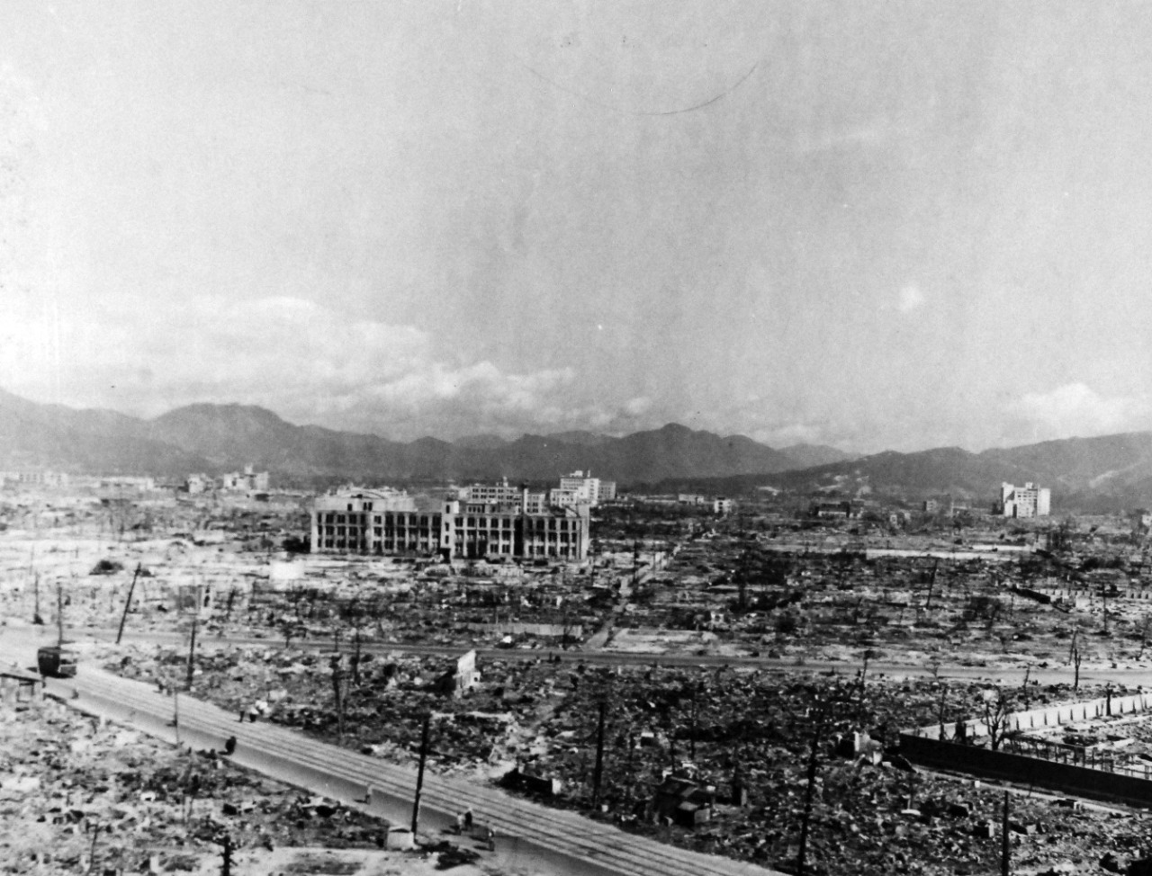 80-G-373264:  Hiroshima, Japan, 1945.   Atomic Bomb damage to Hiroshima, Japan.  Photograph released, October 14, 1945.  U.S. Navy Photograph, now in the collections of the National Archives. (2015/12/08).