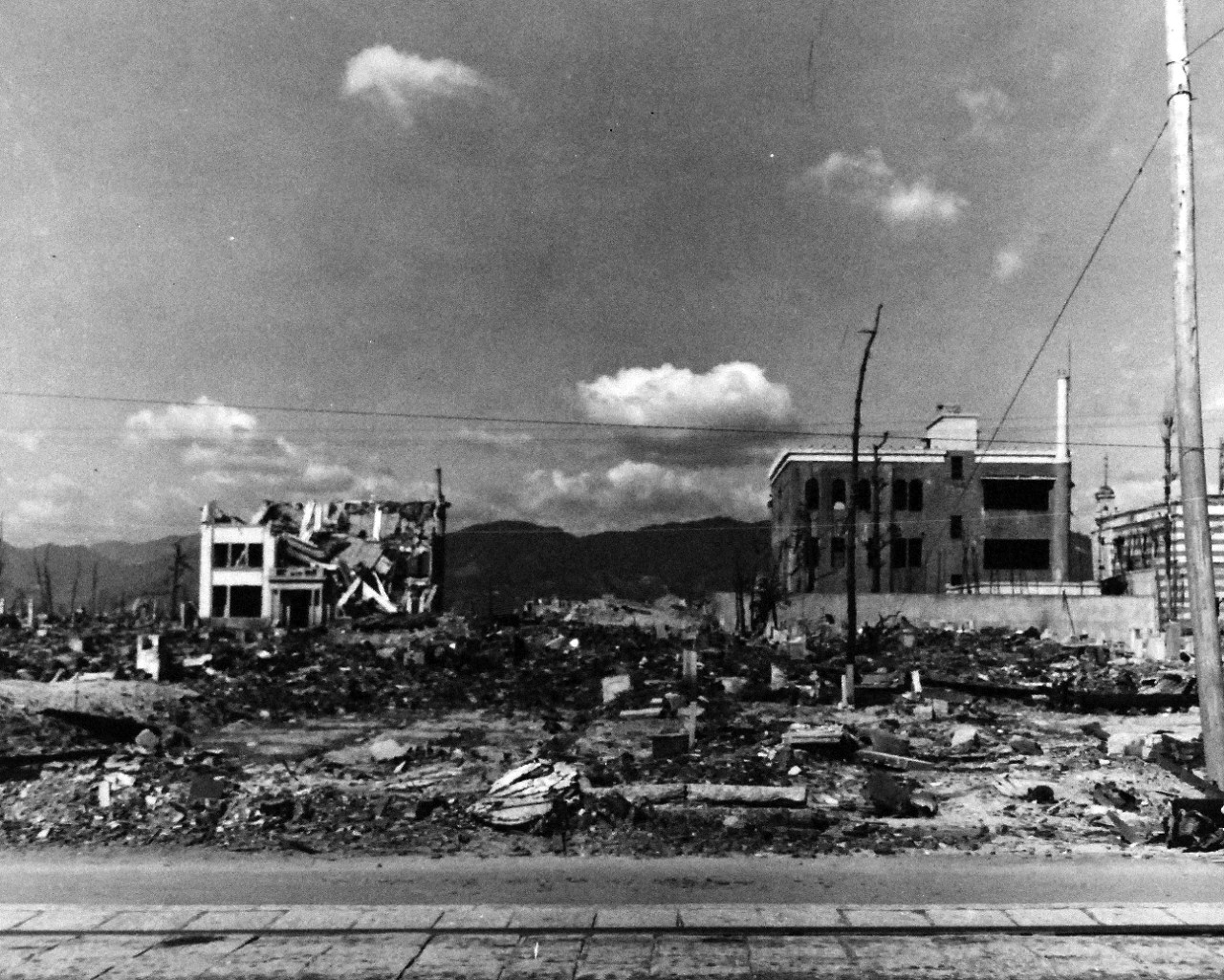80-G-373265:  Hiroshima, Japan, 1945.   Atomic Bomb damage to Hiroshima, Japan.  Photograph released, October 14, 1945.  U.S. Navy Photograph, now in the collections of the National Archives. (2015/12/08).