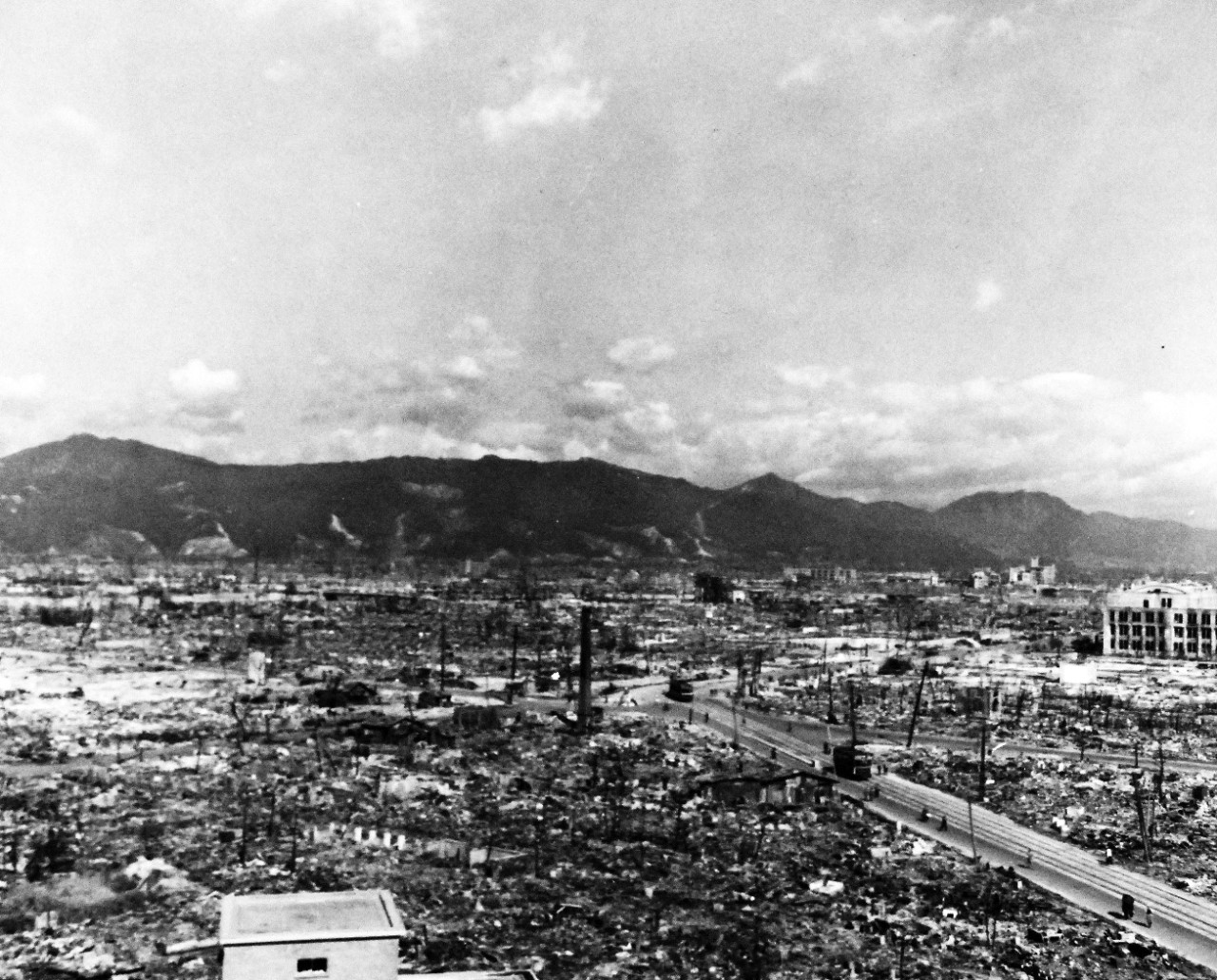 80-G-373269:  Hiroshima, Japan, 1945.   Atomic Bomb damage to Hiroshima, Japan.  Photograph released, October 14, 1945.  U.S. Navy Photograph, now in the collections of the National Archives. (2015/12/08).