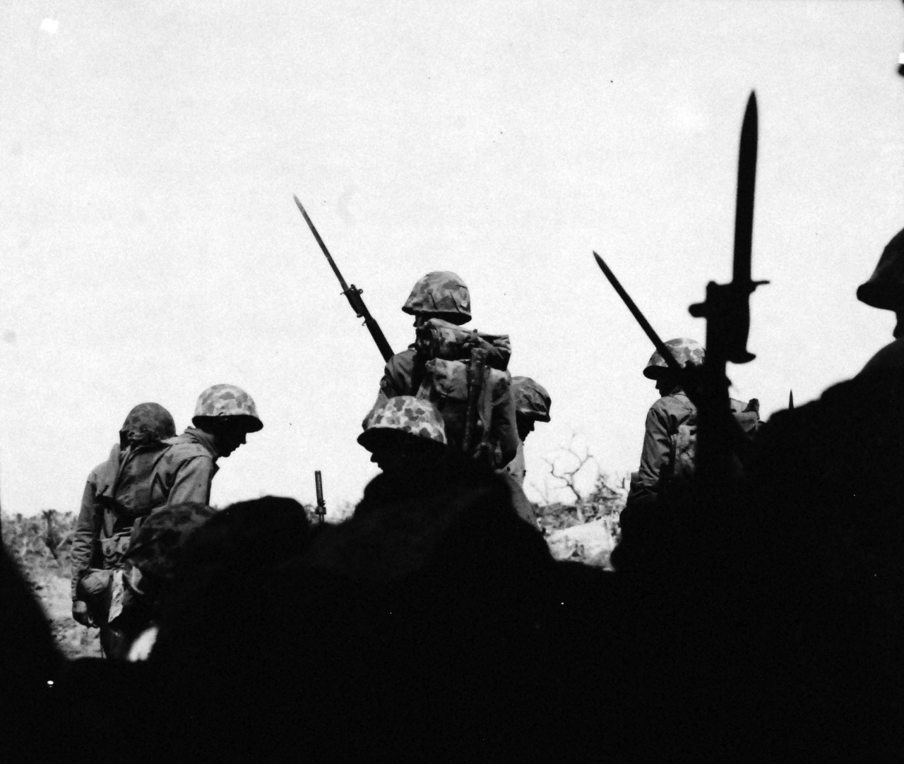 127-GW-306-142979:  Battle for Iwo Jima, February-March 1945. “K” Company, 23rd Marines move into front-line positions.  Photographed by Morejohn, 1945.  Official U.S. Marine Corps photograph, now in the collections of the National Archives.  (2016/02/17).